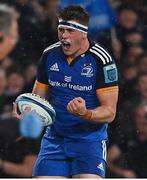 22 October 2022; Dan Sheehan of Leinster celebrates after scoring his side's second try during the United Rugby Championship match between Leinster and Munster at Aviva Stadium in Dublin. Photo by Brendan Moran/Sportsfile