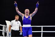 22 October 2022; Amy Broadhurst of Ireland, celebrates after her victory against Mariia Bova of Ukraine in their light welterweight 63kg final during the EUBC Women's European Boxing Championships 2022 at Budva Sports Centre in Budva, Montenegro. Photo by Ben McShane/Sportsfile