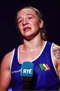 22 October 2022; Amy Broadhurst of Ireland, talks to the media after her victory against Mariia Bova of Ukraine in their light welterweight 63kg final during the EUBC Women's European Boxing Championships 2022 at Budva Sports Centre in Budva, Montenegro. Photo by Ben McShane/Sportsfile