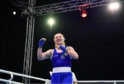 22 October 2022; Amy Broadhurst of Ireland, celebrates after her victory against Mariia Bova of Ukraine in their light welterweight 63kg final during the EUBC Women's European Boxing Championships 2022 at Budva Sports Centre in Budva, Montenegro. Photo by Ben McShane/Sportsfile