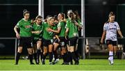 22 October 2022; Peamount United players celebrate their side's second goal during the SSE Airtricity Women's National League match between Peamount United and Wexford Youths at PRL Park in Greenogue, Dublin. Photo by Seb Daly/Sportsfile