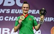 22 October 2022; Kellie Harrington of Ireland, with her gold medal and trophy after winning the lightweight 60kg final during the EUBC Women's European Boxing Championships 2022 at Budva Sports Centre in Budva, Montenegro. Photo by Ben McShane/Sportsfile