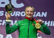 22 October 2022; Amy Broadhurst of Ireland, holds her gold medal and trophy after winning the light welterweight 63kg final during the EUBC Women's European Boxing Championships 2022 at Budva Sports Centre in Budva, Montenegro. Photo by Ben McShane/Sportsfile