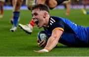 22 October 2022; Rob Russell of Leinster celebrates after scoring his side's fourth try during the United Rugby Championship match between Leinster and Munster at Aviva Stadium in Dublin. Photo by Brendan Moran/Sportsfile