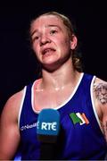 22 October 2022; Amy Broadhurst of Ireland, talks to the media after her victory against Mariia Bova of Ukraine in their light welterweight 63kg final during the EUBC Women's European Boxing Championships 2022 at Budva Sports Centre in Budva, Montenegro. Photo by Ben McShane/Sportsfile