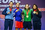 22 October 2022; Medallists from left, Silver medallist Svetlana Staneva of Bulgaria, Gold medallist Irma Testa of Italy, Bronze medallists Michaela Walsh of Ireland and Olga Pavlina Papdatou of Greece in their featherweight 57kg final during the EUBC Women's European Boxing Championships 2022 at Budva Sports Centre in Budva, Montenegro. Photo by Ben McShane/Sportsfile
