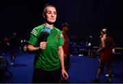 22 October 2022; Kellie Harrington of Ireland, talks to the media after the lightweight 60kg final during the EUBC Women's European Boxing Championships 2022 at Budva Sports Centre in Budva, Montenegro. Photo by Ben McShane/Sportsfile