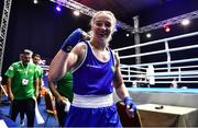 22 October 2022; Amy Broadhurst of Ireland, celebrates after her victory against Mariia Bova of Ukraine in the light welterweight 63kg final during the EUBC Women's European Boxing Championships 2022 at Budva Sports Centre in Budva, Montenegro. Photo by Ben McShane/Sportsfile
