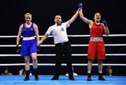 22 October 2022; Ani Hovsepyan of Armenia, right, is declared victorious after defeating Christina Desmond of Ireland, in their light middleweight 70kg final during the EUBC Women's European Boxing Championships 2022 at Budva Sports Centre in Budva, Montenegro. Photo by Ben McShane/Sportsfile