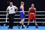22 October 2022; Ani Hovsepyan of Armenia, right, celebrates after defeating Christina Desmond of Ireland, in the light middleweight 70kg final during the EUBC Women's European Boxing Championships 2022 at Budva Sports Centre in Budva, Montenegro. Photo by Ben McShane/Sportsfile
