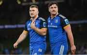 22 October 2022; John McKee, left, and Thomas Clarkson of Leinster after the United Rugby Championship match between Leinster and Munster at Aviva Stadium in Dublin. Photo by Ramsey Cardy/Sportsfile