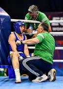 22 October 2022; Aoife O'Rourke of Ireland, with coaches John Conlan, centre, and Zaur Antia, in the middleweight 75kg final against Elzbieta Wojcik of Poland during the EUBC Women's European Boxing Championships 2022 at Budva Sports Centre in Budva, Montenegro. Photo by Ben McShane/Sportsfile