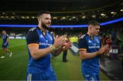 22 October 2022; Robbie Henshaw, left, and Garry Ringrose of Leinster applaud supporters after the United Rugby Championship match between Leinster and Munster at Aviva Stadium in Dublin. Photo by Brendan Moran/Sportsfile