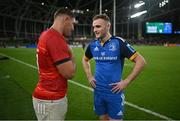 22 October 2022; Nick McCarthy of Leinster, right, and Dan Goggin of Munster in conversation after the United Rugby Championship match between Leinster and Munster at Aviva Stadium in Dublin. Photo by Brendan Moran/Sportsfile