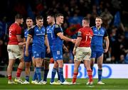 22 October 2022; Jonathan Sexton of Leinster shakes hands with Dave Kilcoyne of Munster after the United Rugby Championship match between Leinster and Munster at Aviva Stadium in Dublin. Photo by Harry Murphy/Sportsfile
