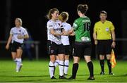 22 October 2022; Kylie Murphy of Wexford Youths, left, and Karen Duggan of Peamount United after the SSE Airtricity Women's National League match between Peamount United and Wexford Youths at PRL Park in Greenogue, Dublin. Photo by Seb Daly/Sportsfile