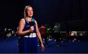 22 October 2022; Christina Desmond of Ireland, talks to the media after her defeat to Ani Hovsepyan of Armenia in their light middleweight 70kg final during the EUBC Women's European Boxing Championships 2022 at Budva Sports Centre in Budva, Montenegro. Photo by Ben McShane/Sportsfile