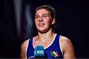 22 October 2022; Aoife O'Rourke of Ireland, talks to the media after her victory against Elzbieta Wojcik of Poland in their middleweight 75kg final during the EUBC Women's European Boxing Championships 2022 at Budva Sports Centre in Budva, Montenegro. Photo by Ben McShane/Sportsfile