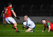 22 October 2022; Patrick McWalter of St Patrick's in action against Conor O'Doherty, right, and Ciarán Moran of Palatine during the AIB Leinster GAA Football Senior Club Championship Round 1 match between Palatine and St Patrick's at Netwatch Cullen Park in Carlow. Photo by Piaras Ó Mídheach/Sportsfile