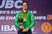22 October 2022; Aoife O'Rourke of Ireland, holds her gold medal and trophy in the middleweight 75kg final during the EUBC Women's European Boxing Championships 2022 at Budva Sports Centre in Budva, Montenegro. Photo by Ben McShane/Sportsfile