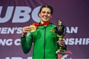 22 October 2022; Aoife O'Rourke of Ireland, holds her gold medal and trophy in the middleweight 75kg final during the EUBC Women's European Boxing Championships 2022 at Budva Sports Centre in Budva, Montenegro. Photo by Ben McShane/Sportsfile