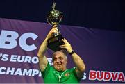 22 October 2022; Ireland coach Zaur Antia lifts the trophy for first placed team at the championships during the EUBC Women's European Boxing Championships 2022 at Budva Sports Centre in Budva, Montenegro. Photo by Ben McShane/Sportsfile