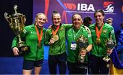 22 October 2022; Irish Gold medallists from left, Amy Broadhurst, Kellie Harrington and Aoife O'Rourke with coach Zaur Antia during the EUBC Women's European Boxing Championships 2022 at Budva Sports Centre in Budva, Montenegro. Photo by Ben McShane/Sportsfile