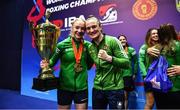 22 October 2022; Irish Gold medallists, Amy Broadhurst, left, and Kellie Harrington after the EUBC Women's European Boxing Championships 2022 at Budva Sports Centre in Budva, Montenegro. Photo by Ben McShane/Sportsfile