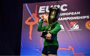 22 October 2022; An emotional Amy Broadhurst of Ireland is presented with the Boxer of the Tournament trophy during the EUBC Women's European Boxing Championships 2022 at Budva Sports Centre in Budva, Montenegro. Photo by Ben McShane/Sportsfile