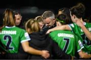 22 October 2022; Peamount United manager James O'Callaghan with his players after the SSE Airtricity Women's National League match between Peamount United and Wexford Youths at PRL Park in Greenogue, Dublin. Photo by Seb Daly/Sportsfile