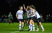 22 October 2022; Kylie Murphy of Wexford Youths, centre, celebrates with teammates Aoibheann Clancy, left, and Becky Watkins after scoring their side's second goal during the SSE Airtricity Women's National League match between Peamount United and Wexford Youths at PRL Park in Greenogue, Dublin. Photo by Seb Daly/Sportsfile