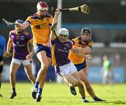 23 October 2022; Davy Crowe of Kilmacud Crokes in action against Dónal Ryan and Peter Feeney of Na Fianna during the Dublin County Senior Club Hurling Championship Final match between Kilmacud Crokes and Na Fianna at Parnell Park in Dublin. Photo by Harry Murphy/Sportsfile