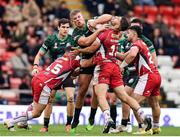 23 October 2022; Harry Ruston of Ireland is tackled by Andrew Kazzi, left, and James Roumanos of Lebanon during the Rugby League World Cup Group C match between Lebanon and Ireland at Leigh Sports Village in Manchester, England. Photo by Paul Greenwood/Sportsfile