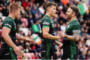 23 October 2022; Louis Senior of Ireland, centre, celebrates with team-mate Ritchie Myler after scoring his side's second try during the Rugby League World Cup Group C match between Lebanon and Ireland at Leigh Sports Village in Manchester, England. Photo by Paul Greenwood/Sportsfile