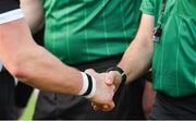 23 October 2022; A detailed view of a Kilruane Mac Donaghs player shaking hands with referee Kevin Jordan before the Tipperary County Senior Club Hurling Championship Final match between Kilruane MacDonaghs and Kiladangan at Semple Stadium in Thurles, Tipperary. Photo by Eóin Noonan/Sportsfile