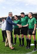 23 October 2022; Uachtarán Chumann Lúthchleas Gael Larry McCarthy shakes hands with referee Kevin Jordan before the Tipperary County Senior Club Hurling Championship Final match between Kilruane MacDonaghs and Kiladangan at Semple Stadium in Thurles, Tipperary. Photo by Eóin Noonan/Sportsfile