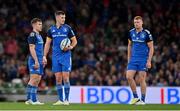 22 October 2022; Leinster players, from left, Luke McGrath, Jonathan Sexton and Ciarán Frawley during the United Rugby Championship match between Leinster and Munster at Aviva Stadium in Dublin. Photo by Brendan Moran/Sportsfile