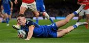 22 October 2022; Rob Russell of Leinster scores his side's fourth try during the United Rugby Championship match between Leinster and Munster at Aviva Stadium in Dublin. Photo by Brendan Moran/Sportsfile