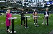 22 October 2022; RTÉ rugby analysts, from second left, Donncha O'Callaghan, Darren Cave and Jamie Heaslip with presenter Jacqui Hurley  during the United Rugby Championship match between Leinster and Munster at Aviva Stadium in Dublin. Photo by Brendan Moran/Sportsfile