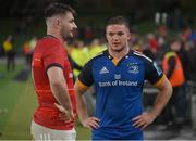 22 October 2022; Scott Penny of Leinster, right, and John Hodnett of Munster after the United Rugby Championship match between Leinster and Munster at Aviva Stadium in Dublin. Photo by Brendan Moran/Sportsfile