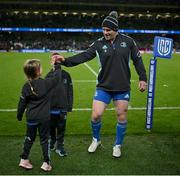 22 October 2022; Cian Healy of Leinster with the children of team-mate Jonathan Sexton, Amy and Luca, after the United Rugby Championship match between Leinster and Munster at Aviva Stadium in Dublin. Photo by Brendan Moran/Sportsfile