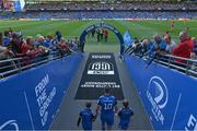 22 October 2022; Leinster captain Jonathan Sexton leads his side onto the pitch before the United Rugby Championship match between Leinster and Munster at Aviva Stadium in Dublin. Photo by Brendan Moran/Sportsfile