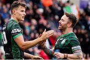 23 October 2022; Louis Senior of Ireland, left, celebrates with team-mate Ritchie Myler after scoring his side's second try during the Rugby League World Cup Group C match between Lebanon and Ireland at Leigh Sports Village in Manchester, England. Photo by Paul Greenwood/Sportsfile