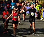 24 October 2022; A record field is set for the return of the 2022 Irish Life Dublin Marathon after a two-year absence, with the largest ever entry of 25,000. The race will start at 8.45am on Sunday the 30th of October at Fitzwilliam Square. It will include a top quality international elite field as well as some of Ireland’s top marathon runners. Seven runners will take on their 41st Dublin Marathon, having run every one since 1980. They will be joined by thousands of other who are running to raise fundraising for charities and causes close to their heart, while others will look to improve personal bests and for many the achievement will be completing the 26.2 Miles. Ciara and Tony Mooney, from Down, celebrate as they cross the finish line at the Irish Life Dublin Half Marathon on Saturday 17th of September in the Phoenix Park, Dublin. Photo by Sam Barnes/Sportsfile