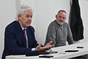 24 October 2022; Newly appointed Donegal senior manager Paddy Carr, left, and new head coach Aidan O'Rourke during the Donegal GAA media conference at the GAA Centre of Excellence in Convoy, Donegal. Photo by Sam Barnes/Sportsfile