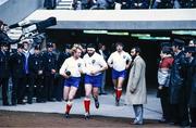 20 March 1982; France captain Jean-Pierre Rives leads team-mates Pierre Dospital and Robert Paparemborde onto the pitch before the Five Nations Rugby Championship match between France and Ireland at Parc de Princes in Paris, France. Photo by Ray McManus/Sportsfile