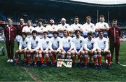 20 March 1982; The France team, back row, from left, touch judge Roger Quittenton, referee Alan Welsby, Philippe Dintrans, Robert Paparemborde, Pierre Dospital, Daniel Revailler, Laurent Rodriguez, Jean-Luc Joinel, Jean-Francois Imbernon, and touch-judge John Trigg, with front row, from left, Michel Fabre, Christian Belascain, Pierre Berbizier, Jean-Patrick Lescarboura, captain Jean-Pierre Rives, Serge Gabernet, Patrick Mesny and Serge Blanco before the Five Nations Rugby Championship match between France and Ireland at Parc de Princes in Paris, France. Photo by Ray McManus/Sportsfile