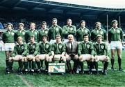 20 March 1982; The Ireland team, back row, from left, Fergus Slattery, Trevor Ringland, Gerry 'Ginger' McLoughlin, John O'Driscoll, Donal Lenihan, Moss Keane, Ronan Kearney, Phil Orr, and Hugo MacNeill, with front row, from left, Robbie McGrath, Paul Dean, Michael Kiernan, Ciaran Fitzgerald, IRFU president John Moore, Moss Finn and Ollie Campbell before the Five Nations Rugby Championship match between France and Ireland at Parc de Princes in Paris, France. Photo by Ray McManus/Sportsfile