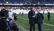20 March 1982; Former Ireland international Jack Kyle, right, who also played the British and Irish Lions and the Barbarians during the 1940s and 1950s, is interviewed by former England captain and BBC analyst Bill Beaumont, left, after the Five Nations Rugby Championship match between France and Ireland at Parc de Princes in Paris, France. Photo by Ray McManus/Sportsfile