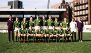 5 March 1983; The Ireland team, back row, from left, touch judge Alan Welsby, Fergus Slattery, Gerry 'Ginger' McLoughlin, John O' Driscoll, Donal Lenihan, Moss Keane, Willie Duggan, Hugo MacNeill, Phil Orr, referee John Trigg, touch judge Roger Quittenton, with, front row, from left, Trevor Ringland, David Irwin, Ciaran Fitzgerald, Moss Finn, Michael Kiernan, Ollie Campbell and Robbie McGrath before the Five Nations Rugby Championship match between Wales and Ireland at the Cardiff Arms Park in Cardiff, Wales. Photo by Ray McManus/Sportsfile